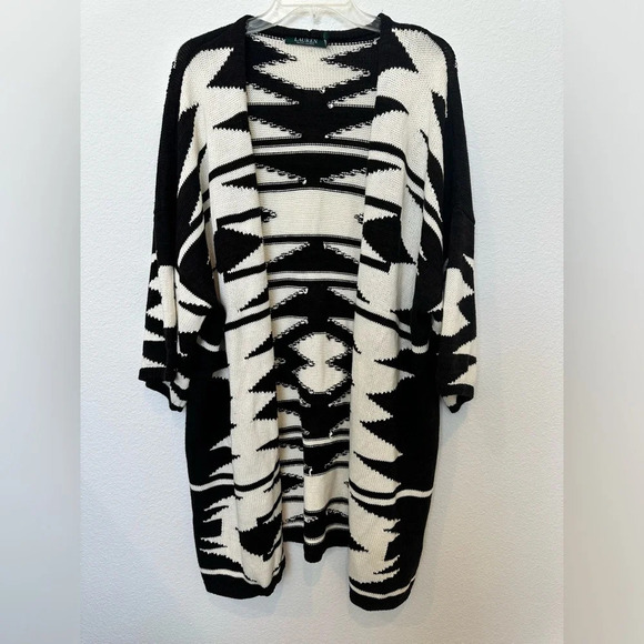 Lauren Ralph Lauren Geo Aztec Print Kimono Cardigan Black and White XL - Picture 2 of 10